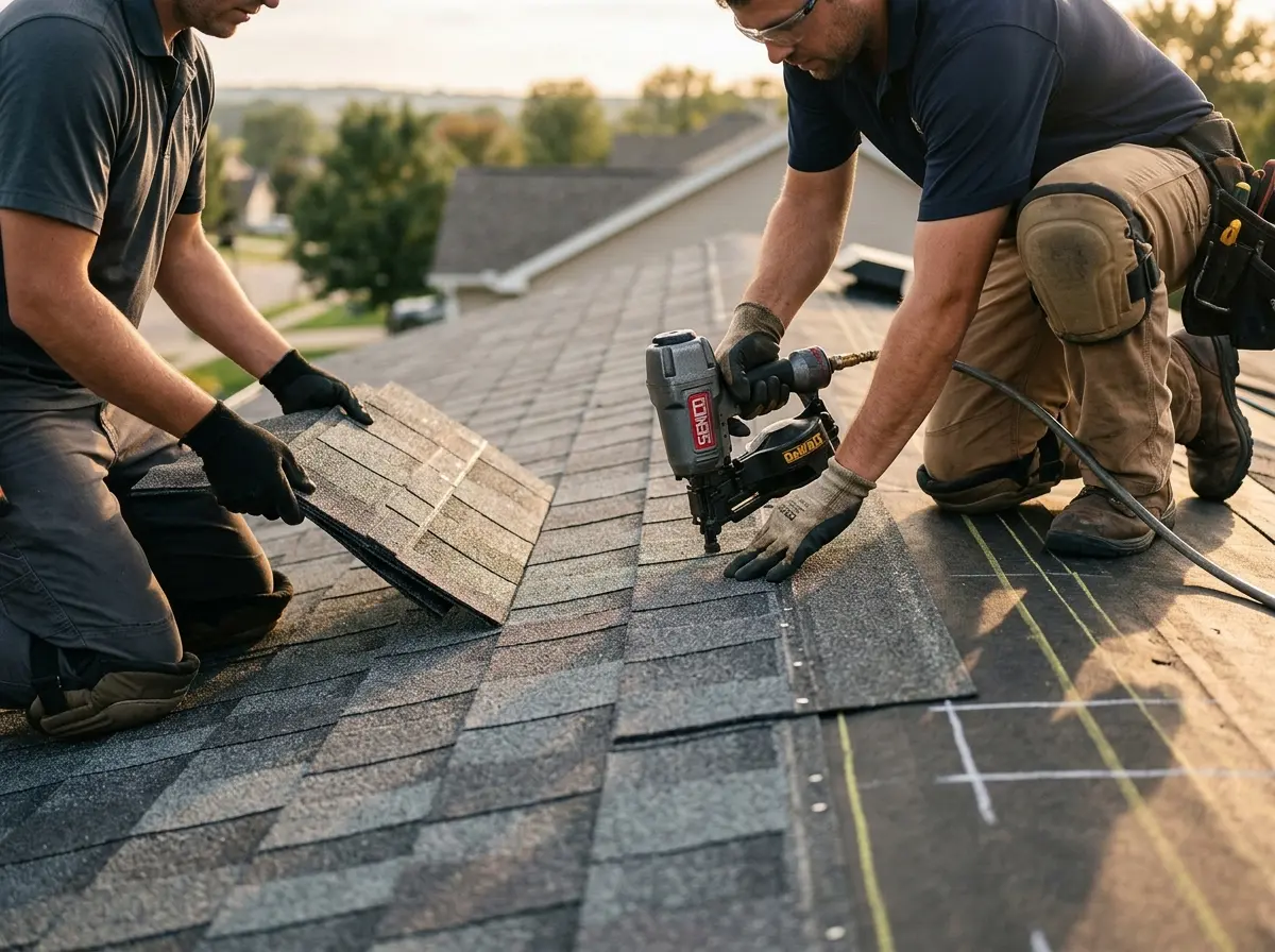 Professional roofer working on a residential roof in Johnsburg